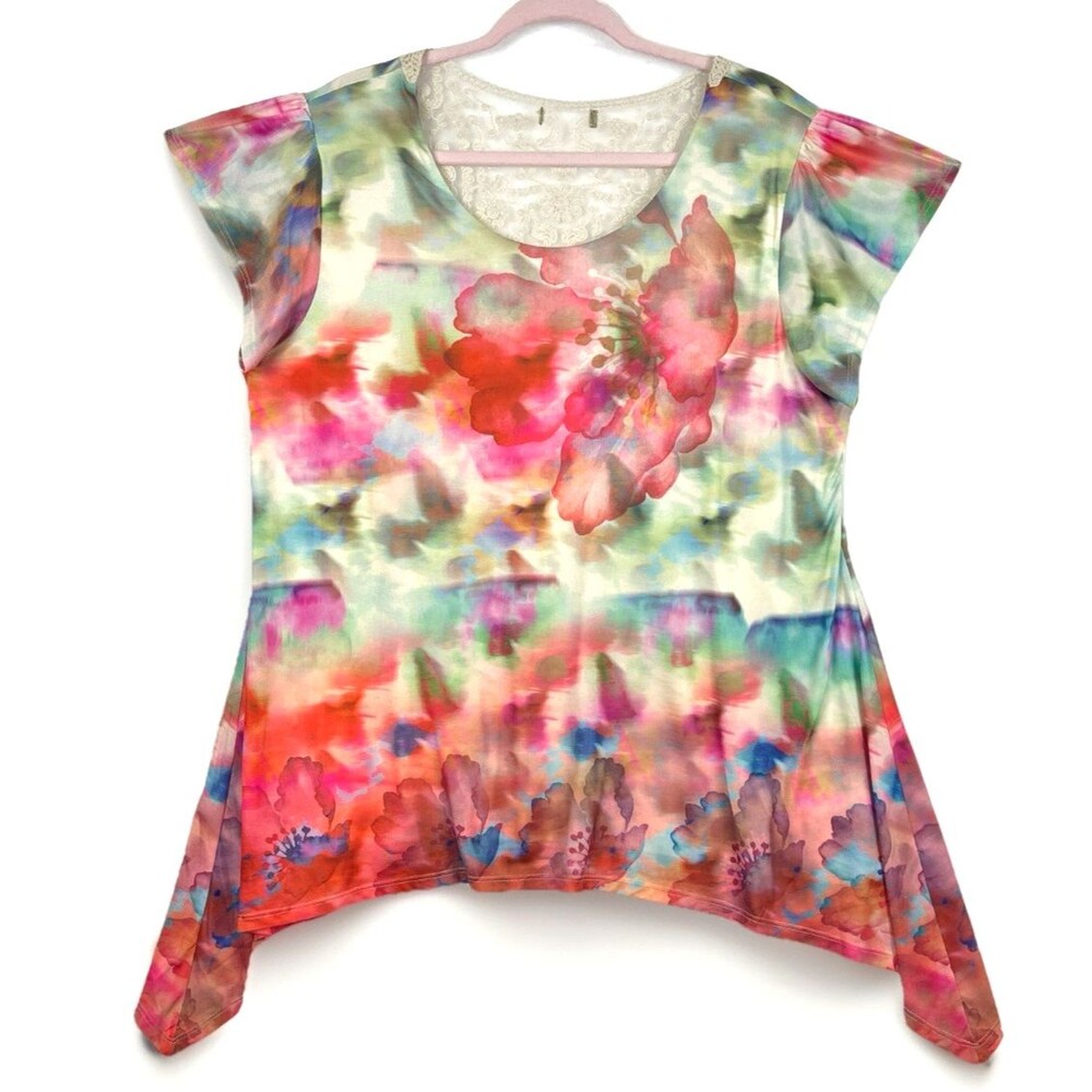 ONE WORLD Boho Tunic Top  Women’s SZ XL Multicolor Floral Lace Romantic Feminine